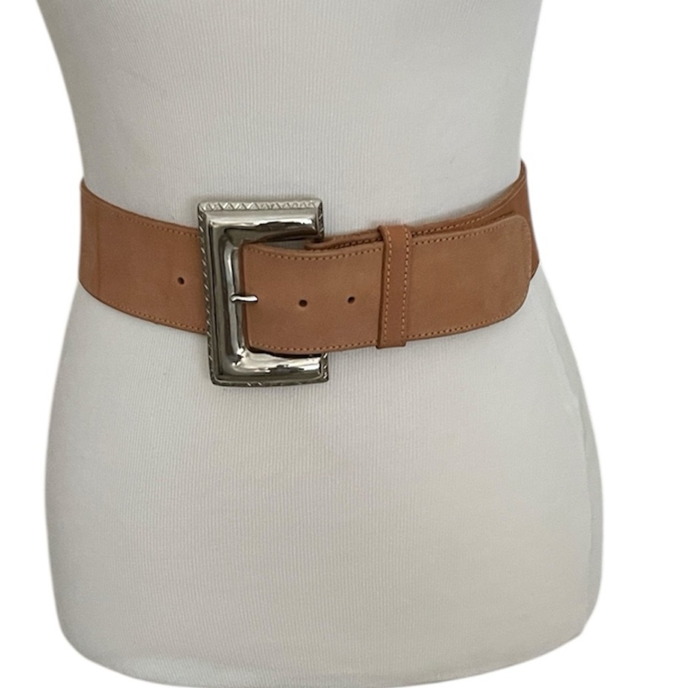 Vintage Robbie Nelson Tan Suede Leather Wide Belt Silver Buckle